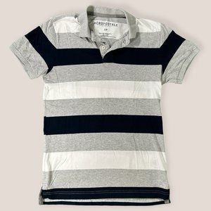 Aéropostale Men's Navy & Gray Striped Cotton Polo Shirt (Size Small)